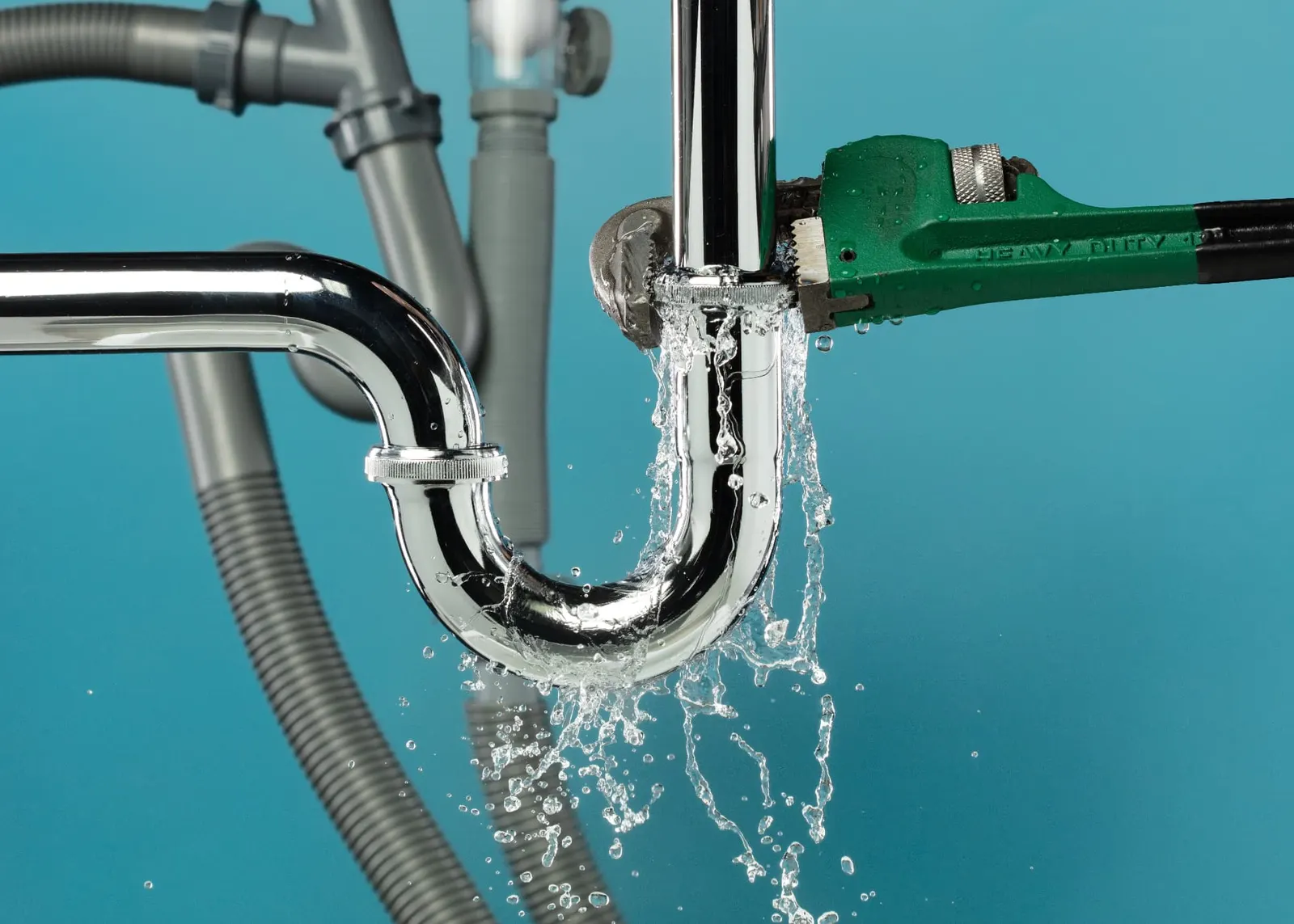 Leaking chrome waste pipe joint being tightened with a pipe wrench, burst pipe and leak repair